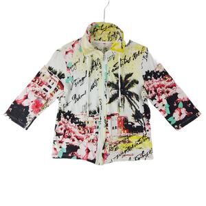 ONQUE CASUALS Women's Full Zip Jacket Tropical Art Rhinestone Stud Sz Small Y2K